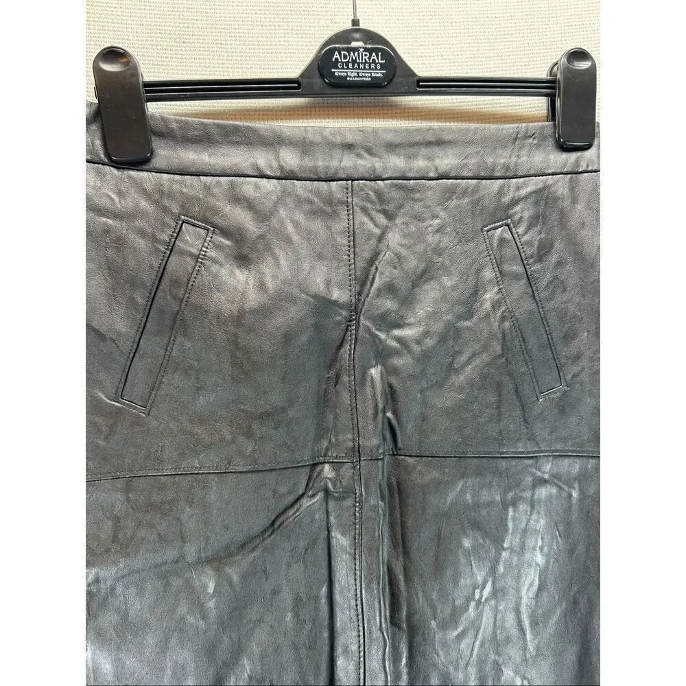CAbi Black Faux Leather Pencil Skirt Size 2 Moto Zip Back Slit Lined